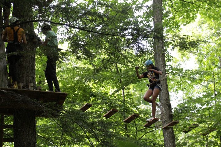Adolescents entrain de passer d'arbre en arbre dans les airs